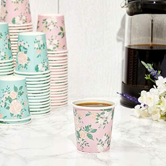 Sparkle and Bash Mini Floral Paper Cups - 4 oz, Pack of 100, Floral - Disposable Espresso - Macchiato Tea & Mouthwash Cups
