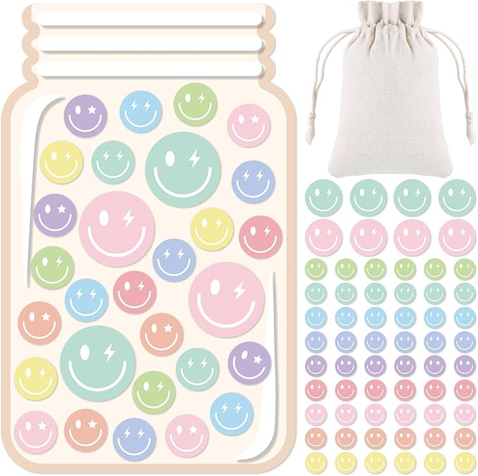 Magnetic Smile Face Reward Jar for Kids 68Pcs Pastel Smiley Faces 1 Storage Bag Reward Jars Behavior Management Classroom Tools Positive Behavior Chart for Students Teachers Back to School Supplies