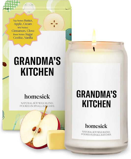 Homesick Scented Candles for Home (Grandma's Kitchen) - 13.75 oz Long-Lasting Natural Soy Wax Blend Jar Candle Gifts for Women & Men, 60-80 Hours Burn Time - Notes of Butter, Apple & Cream