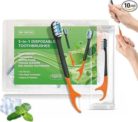 10Pack Disposable Toothbrush with Pre-Pasted Toothpaste 5-in-1 Mini Travel Toothbrush Deep Clean with Toothpick, Flosser, Tongue Scraper for Superior Oral Hygiene, Individually Wrapped