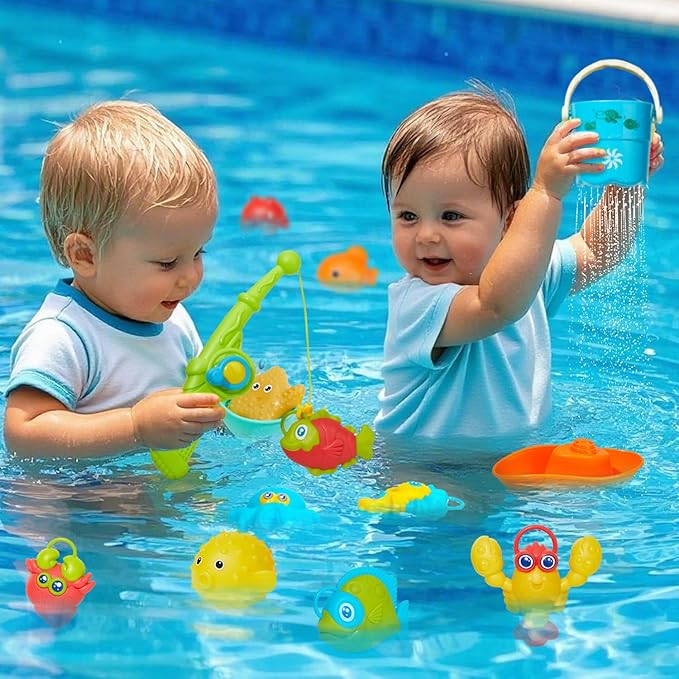 Toddler Bath Toys for Babies, 26 Pcs Mold Free Bathtub Toys with Fishing Rod Floating Boats Spoons Bucket No Hole Sea Animals and Storage Bag, Water Table Pool Toys for Toddlers and Kids
