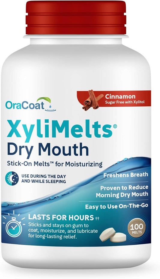 Oracoat XyliMelts for Dry Mouth Night Time or Day - Moisturizing Dry Mouth Adhering Discs, Sugar Free with Xylitol, 100 Count, Cinnamon, 8-Hour Relief