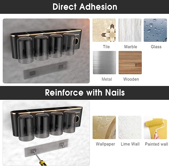 iHave Toothbrush Holders Bathroom Accessories with Toothpaste Dispenser, 4 Cups Toothbrush Holder Wall Mounted Bathroom Decor