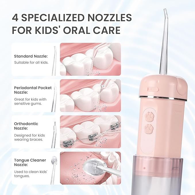 Kids Water Dental Flosser, Portable Water Flosser for Teeth 150ML Rechargeable Oral Irrigator with 3 Modes & 4 Nozzles, IPX5 Waterproof for Home and Travel