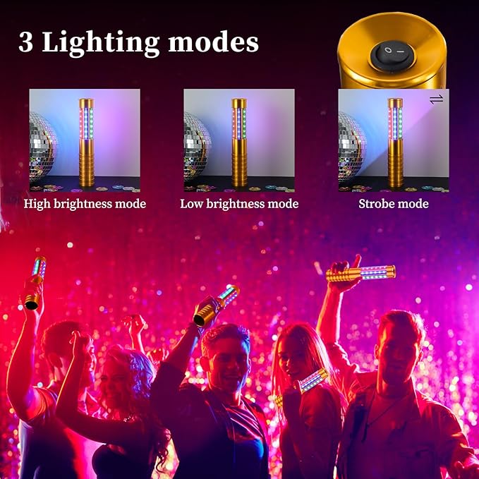 2 Pieces RGB LED Strobe Baton Light Rechargeable Bottle Service Sparklers Stick Reusable Champagne Bottle Handheld LED for Club Stage Nightclub Party Concert Event Bar Outdoor - Gold