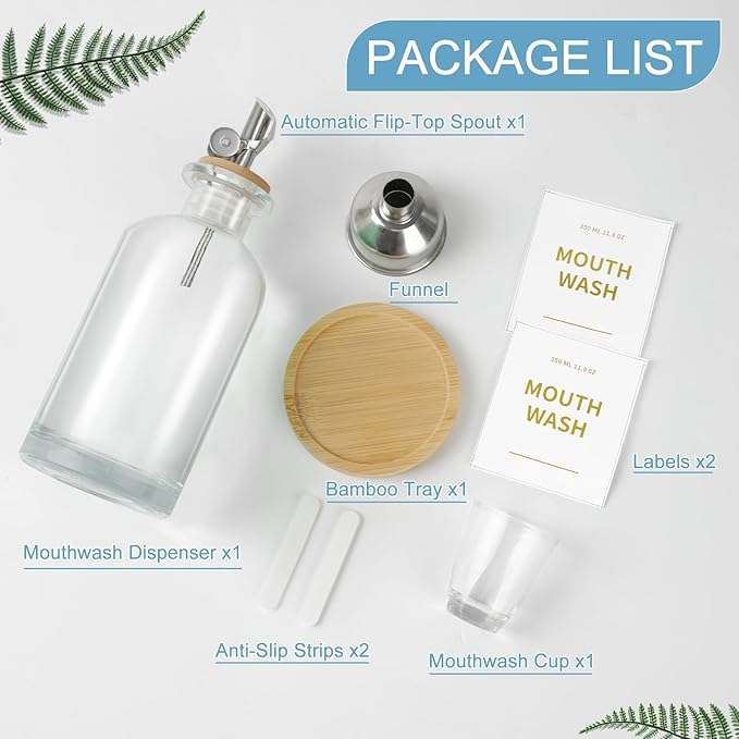 RELBRO Glass Mouthwash Dispenser for Bathroom, 11.8 OZ Refillable Mouthwash Container with Cup, Auto Pour Spout, Bamboo Tray, Funnel, Stickers, Clear, 1 Pcs