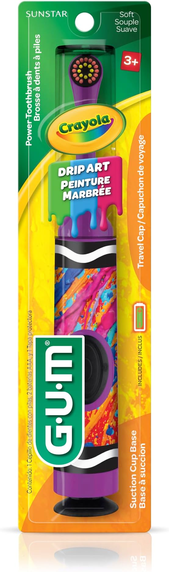 GUM Crayola Power Toothbrush for Kids, Extra Soft Bristled Toddler Toothbrushes, Travel Cap + Suction Cup Base, Batteries Included, 1 Count