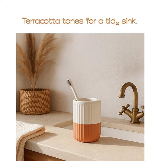 Hand Dipped Two-Tone Ceramic Toothbrush Holder, Terracotta and Cream Tumbler for Bathroom Countertop, Rippled Orange Makeup Brush Holder, Pen Organizer, Multipurpose Bathroom Accessory