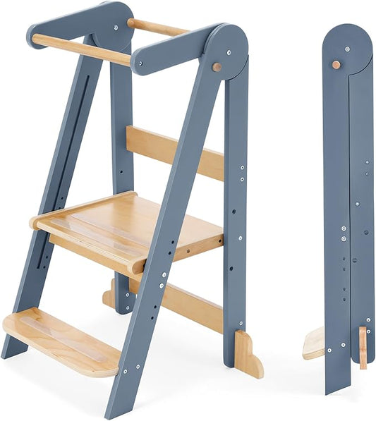HARPPA Nordi Foldable Toddler Kitchen Tower, Montessori Kitchen Stools Helper, Standing Tower with 3 Adjustable Heights, Suitable Age for 2-6 Years, Grey