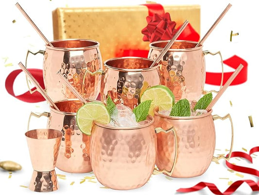 [Gift Set] Moscow Mule Copper Mugs Set of 6 (16oz) w/Straws & Jigger | 100% Pure Copper Cups, Tarnish-Resistant Food Grade Lacquered Finish, Ergonomic Handle (No Rivet) w/Solid Grip
