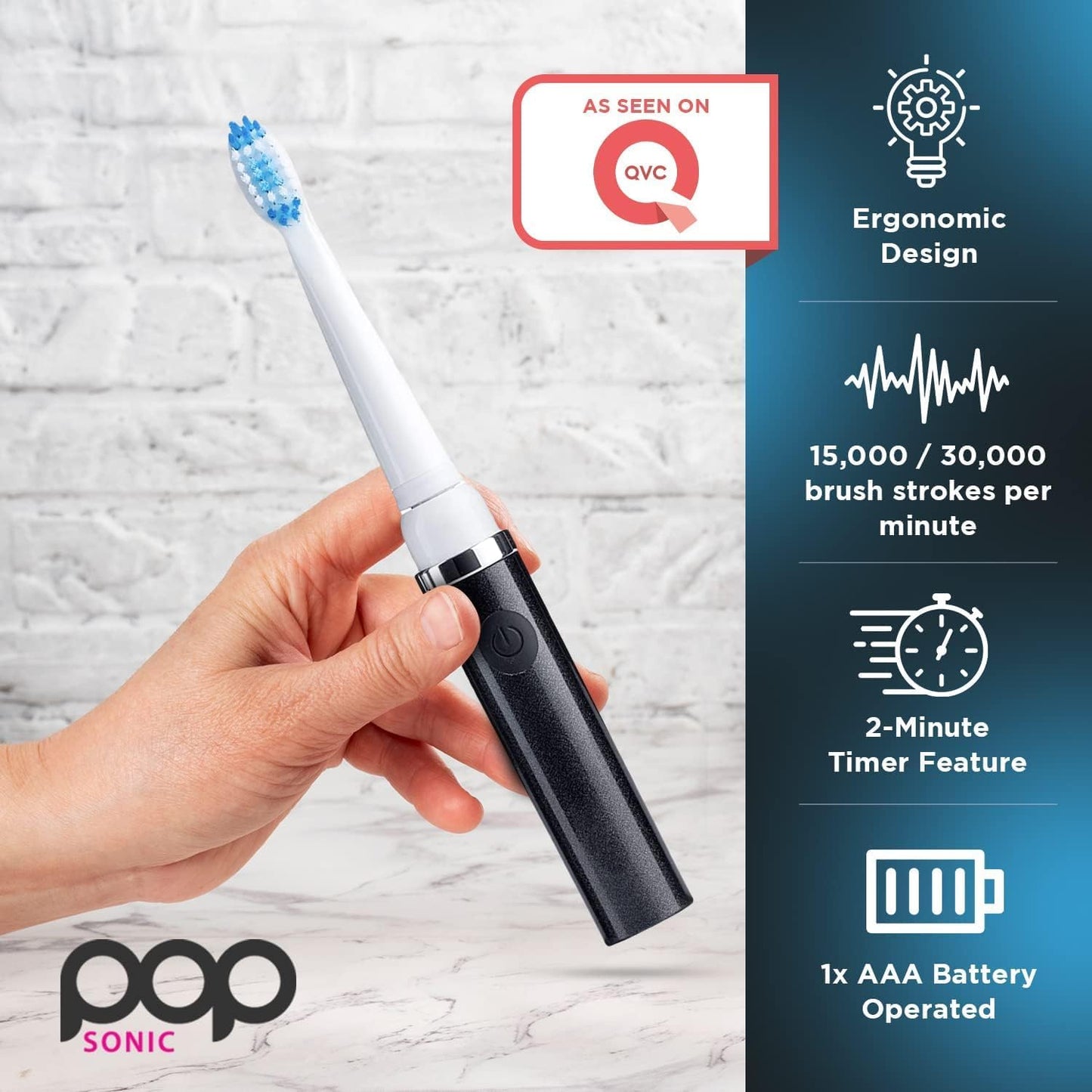Pop Sonic Electric Toothbrush (Black + 4 Brush Heads) - Travel Toothbrushes w/AAA Battery | Kids Electric Toothbrushes with 2 Speed & 15,000-30,000 Strokes/Minute, Dupont Nylon Bristles