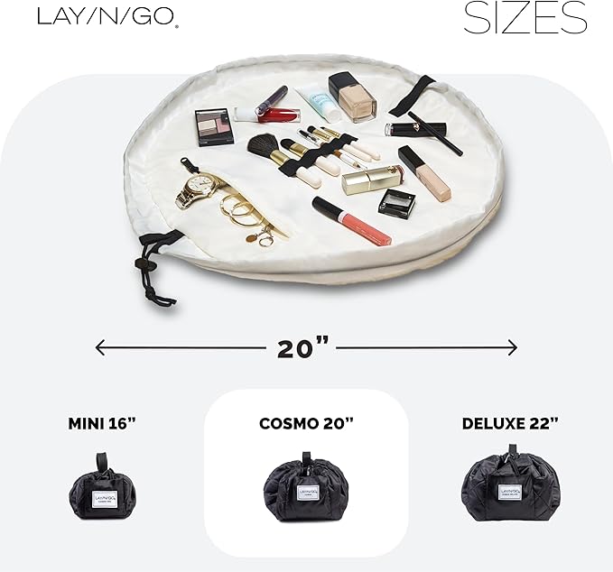 Lay-n-Go Cosmo Drawstring Cosmetic & Makeup Bag Organizer - Portable Drawstring Makeup Bag w/Zipper Pocket, Makeup Loops & More - Durable, Machine Washable Toiletry Bag (20", Comfort/White)