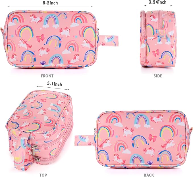 Unicorn Kids Toiletry Bag for Girls, Travel Toiletry Bag for Little Young Girls Cosmetic Bag Makeup Bag Waterproof Hanging Wash Bag Toddler Toiletries, Rainbow Pink