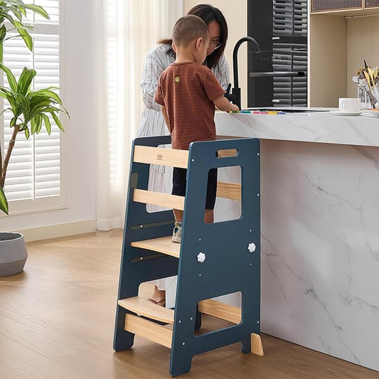 WOOD CITY Kitchen Step Stool - Safe Montessori Standing Tower for Kids with Safety Rail, Height Adjustable Toddler Ideal Helper for Learning New Skills, Anti-Slip Protection for Bathroom - Deep Blue