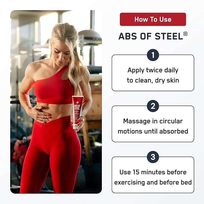 SteelFit Abs of Steel Maximum Definition Cream - Skin Tightening, Toning & Firming Lotion for Sculpting Abs - L-Carnitine Pre & Post Workout Supplement for Men & Women - Non-Greasy Formula, 3.4 Ounces