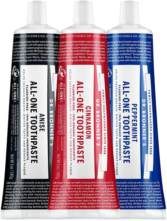 Dr. Bronner’s All-One Toothpaste 3-Pack Variety– (Peppermint, Cinnamon, Anise, 5oz Each)– 70% Organic Ingredients, SLS Free Toothpaste, Fluoride Free, Natural, Vegan, Gentle for Sensitive Teeth