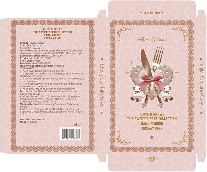 Flower Knows The Sweetie Bear Hand Mirror,Vintage Portable Handheld Mirror,Fancy & Pretty Princess Mirror with Long Handle,Gift for Girls(Creamy Pink)