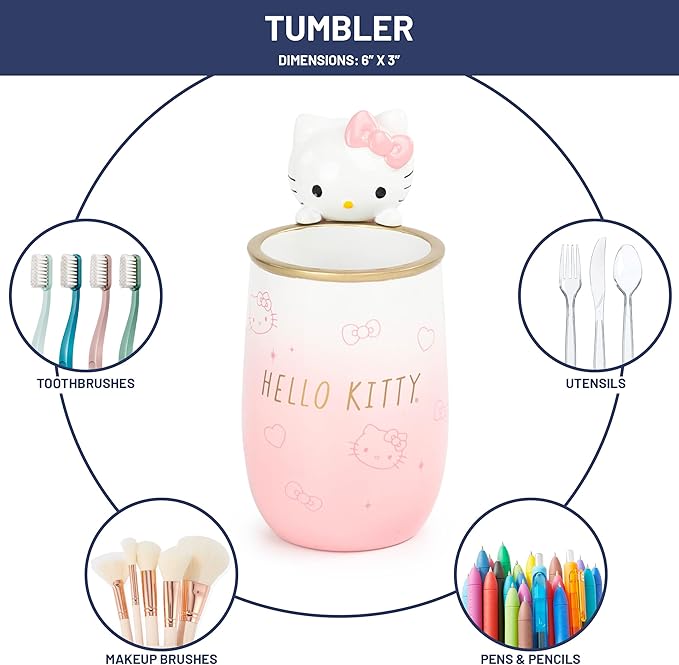 Jay Franco Hello Kitty Organizer Set - 4 Piece Pink Accessories Includes Resin Tumbler, Soap Dispenser, Soap Dish and Toothbrush Holder - Bathroom Décor