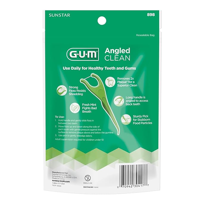 GUM Angled Floss Picks, Perfect for Tight Teeth, Extra Strong Shred-Resistant Dental Floss, Angled for Easy Reach, Dental Flossers for Adults, Fresh Mint Flavor, 75 Count (Pack of 4)