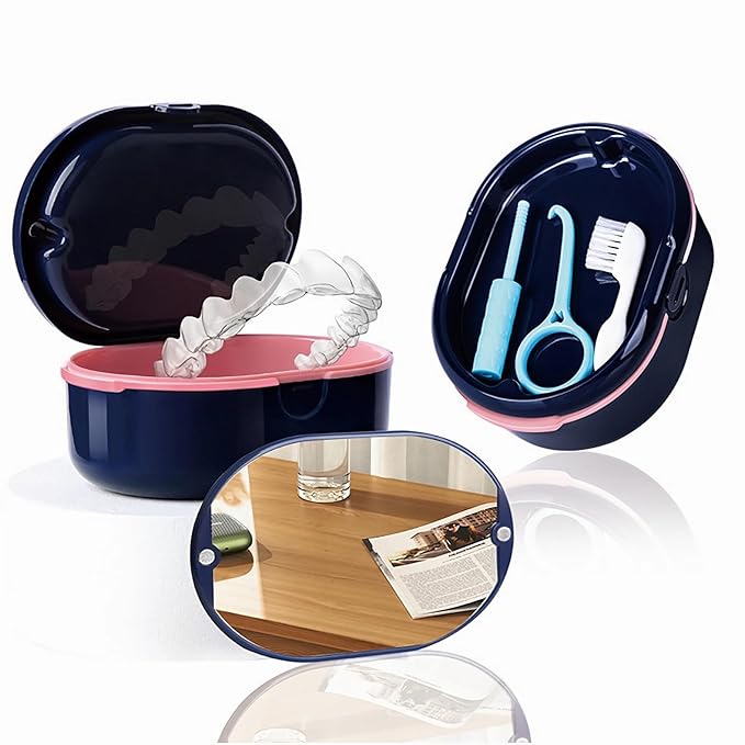 MURRI&MURRDI Retainer Case, Denture Bath Box with Strainer Basket, Mouth Guard Case, Braces Cleaner Cup, Cute Denture Holder Retainer Storage Soak Container for Travel (D Dark Blue)
