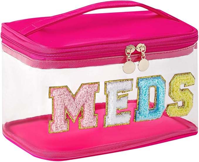 Large Waterproof Chenille Letter Medicine Clear Makeup Bag, Transparent PVC Nylon Preppy Patch Cosmetic Bag with Handle, Portable Meds First Aid Travel Organizer Cosmetic Bag (05MEDS-Hot Pink)