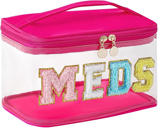 Large Waterproof Chenille Letter Medicine Clear Makeup Bag, Transparent PVC Nylon Preppy Patch Cosmetic Bag with Handle, Portable Meds First Aid Travel Organizer Cosmetic Bag (05MEDS-Hot Pink)