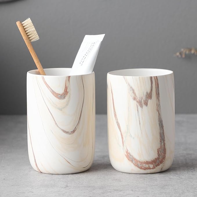 Brown Marble Toothbrush Holders - Ceramic Toothbrush Holders for Bathrooms, Toothbrush Toothpaste Holders, 2 Marble Bathroom Tumbler Cups Reusable Toothbrush Mouthwash Cup, Bathroom Counter Organizer