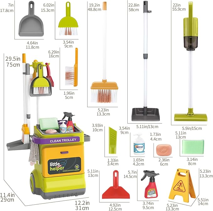 Kids Cleaning Set for Toddlers, Detachable 20 Pcs Pretend Play Set, Educational Toddler Cleaning Carts Includes Real Working Vacuum Cleaner, Broom, Spray Bottle and More(Green)