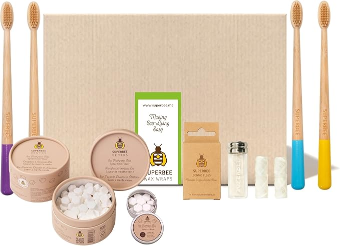 SuperBee Family kit with Dentos Toothpaste Tablets 300 tabs, Natural Floss, Soft Bristles Bamboo toothbrushes - Fluoride Free & Eco Friendly, Housewarming Gift Christmas Plastic Free