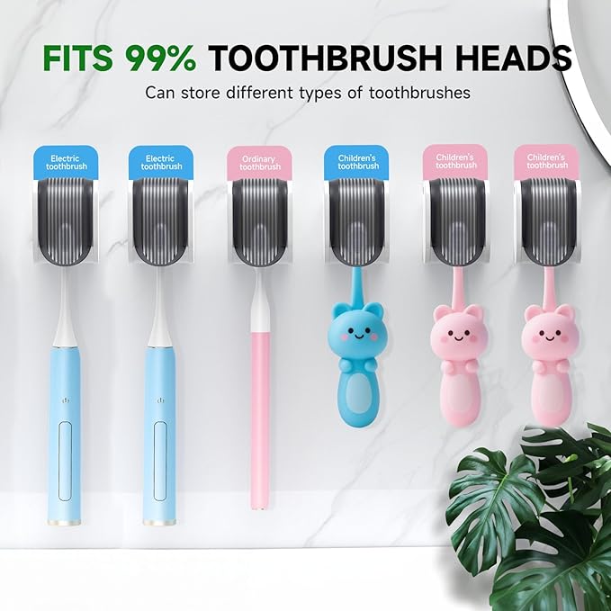 6 Pcs Toothbrush Holders Wall Mounted, Single Slot Design, Shower Self Adhesive Wall Mounted Toothbrush Holder with Cover, Waterproof and Dustproof, Suitable for Bathroom, Family, Travel (Grey)