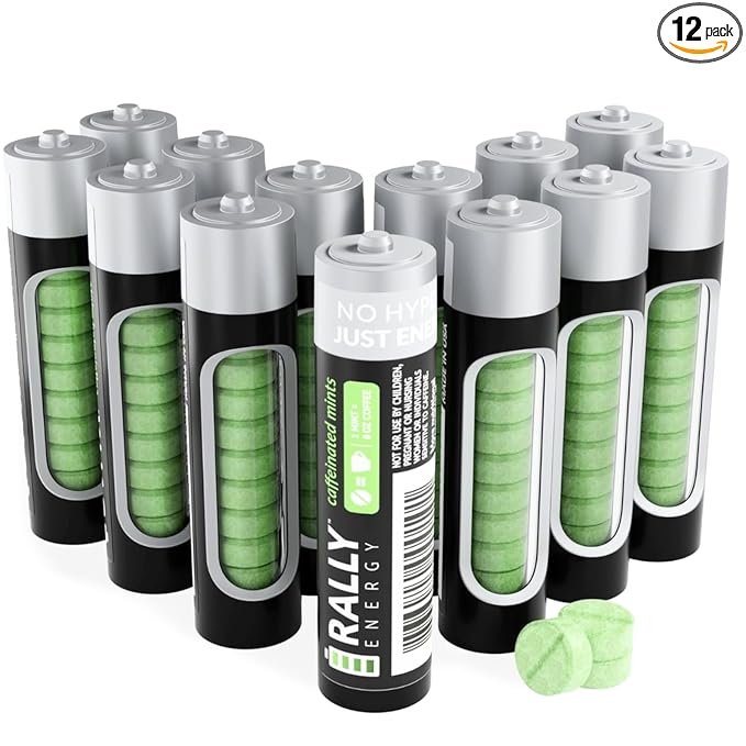 Caffeine Mints by Rally, 60milligram Caffeine, Instant Energy, Fresh Breath Caffeinated Mints, 0 Sugar, Natural Peppermint Flavor (12 Packs, 120 Mints)