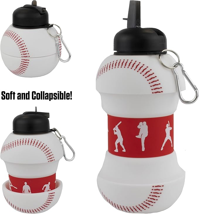 Maccabi Art Clip-On Collapsible 1 Liter, 34 oz. size BPA-Free Silicone Baseball Large Water Bottle for Kids