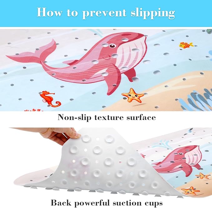 Bath Mat for Tub Non Slip, Machine Washable Anti-Slip Cartoon Baby Bathtub Shower Mat with Drain Holes and Suction Cups for Toddler & Kids (40 Inch x 16 Inch-Rectangular, Rosy Whale)
