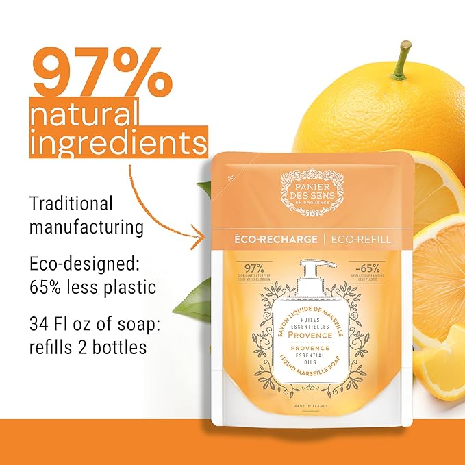 Panier des Sens - Liquid Hand Soap Refills - Provence Foaming Hand Soap Refill - French Moisturizing Hand Wash with Coconut Oil - Kitchen & Bathroom - 97% Natural - 34 Fl.oz