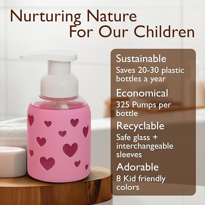 SoCal Suds & Company Glass Foaming Hand Soap Dispenser, Heart Silicone Sleeve, Refillable Pump Bottle for Kids, Baby Wash & Shampoo, Ideal for Home Use, Bright Pink 8oz