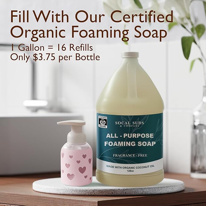 SoCal Suds & Company Glass Foaming Hand Soap Dispenser, Heart Silicone Sleeve, Refillable Pump Bottle for Kids, Baby Wash & Shampoo, Ideal for Home Use, Soft Pink 8oz