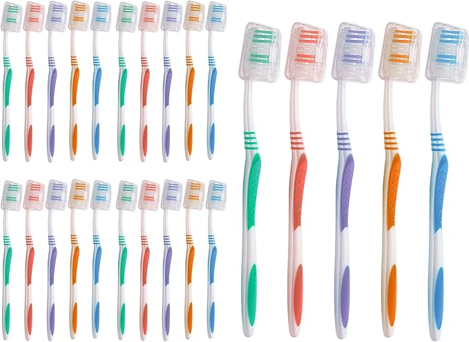 Urban Essentials Bulk Toothbrush Package with Covers | Premium Quality Individually Wrapped Colorful Tooth Brushes | Medium Soft Toothbrush Hygienic Cap for Donations, Travel, Hotels (25 Pack)