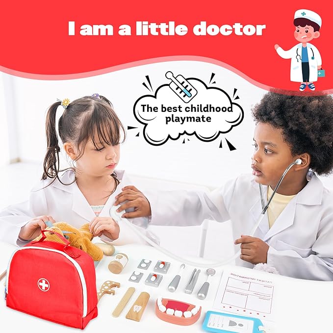 Doctor Kit for Kids, Dentist Pretend Play Educational Doctor Toy Set, 25Pcs Wooden Medical Kit with Stethoscope & Bag & Pretend Teeth & Doctor Toys, Role Play Toys for Girls and Boys 3-8 Years Old
