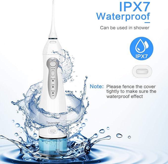 TOVENDOR Electric Water Flosser, Cordless Rechargeable Dental Oral Irrigator IPX7 Waterproof 300ML Travel Water Teeth Cleaner with 5 Tips for Braces Care Teeth Gums Cleaning, Home Office Daily Use