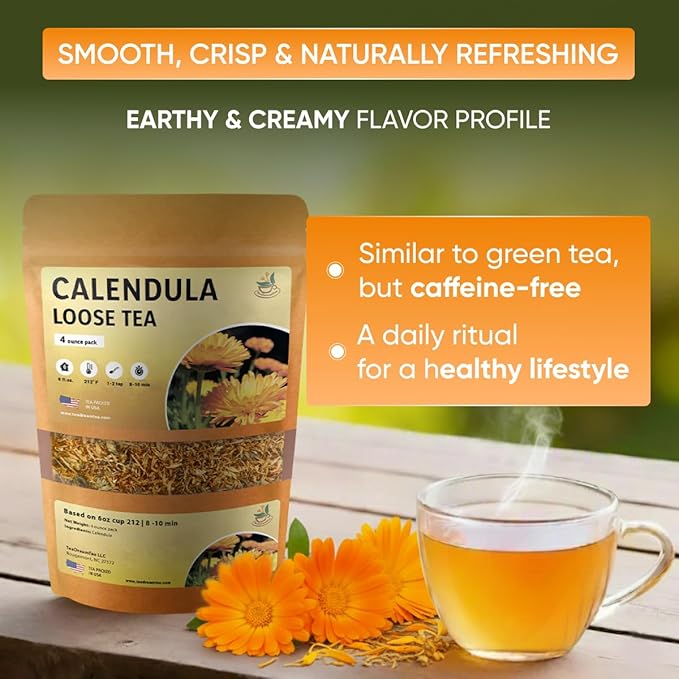 Calendula Loose Tea – 8 oz Size - Marigold & Dried - Calendula Tea Bulk Flowers Gluten-Free and Caffeine-Free Herbal tea for Relaxation, Wallness, From real Flowers with Smooth Taste