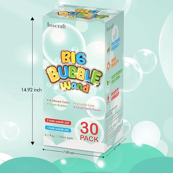 Inscraft 30 Pack 14’’ Big Bubble Wands, 8 Colors Bulk for Summer Toy, Outdoor / Indoor Activity Use, Easter, Birthday, Graduation, Shower, Bubbles Party Favors Supplies for Kids Toddlers