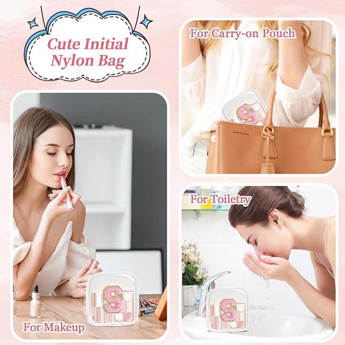 Mini Clear Personalized Initial Makeup Bag,Nylon Preppy A-Z Chenille Letter Patch Zipper Cosmetic Bag, Small Cute Beach Pouch Travel Purse Sanitary Napkin Storage Bag for Women Girls(White-Pink S)