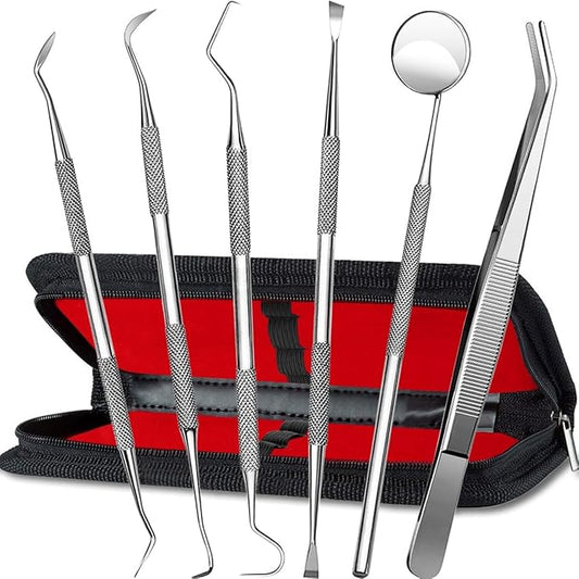 Stainless Steel Dental Kit - 6 Pack Dental Tools with Tooth Mirror, Dental Hygiene Kit for Adults, Kids, Dogs with Mirror, Picks, Travel Case (S)