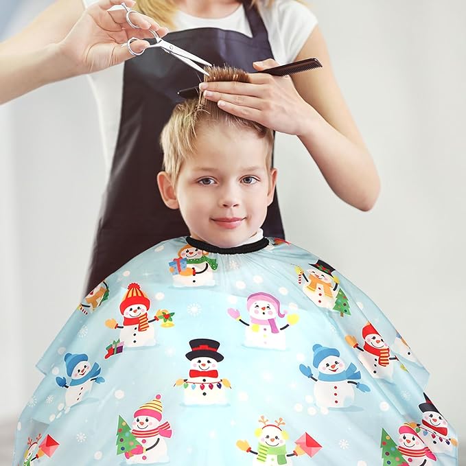 Kids Barber Cape with Neck Duster Brush, Professional Salon Hair Cutting Cape with Adjustable Snap Closure(Snowmen)