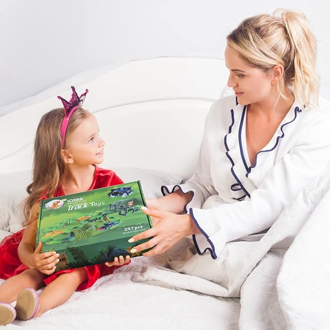 Dinosaur World Race Track Toys - 216pcs Flexible Track Playset with 1 Dinosaur Car, 1 Race Car, 6 Dino Toys, for Kids 3 4 5 6 Year & Up Old (Boys and Girls)