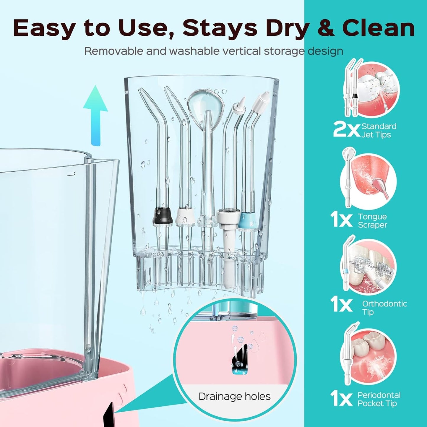 COSLUS Advanced Water Flosser for Teeth: 2 Modes & 12 Pressure Settings Electric Dental Pick for Orthodontic, Braces, Sensitive Gums - Home Use, 5 Jet Tips for Multiple Users, Family, Pink, E2