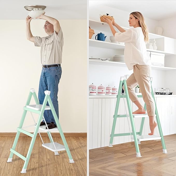 3 Step Ladder, Folding Step Stool with Anti-Slip Wide Pedal, Anti-Slip Feet, Sturdiest Steel Construction, Steel Ladder for Home and Office, Green White