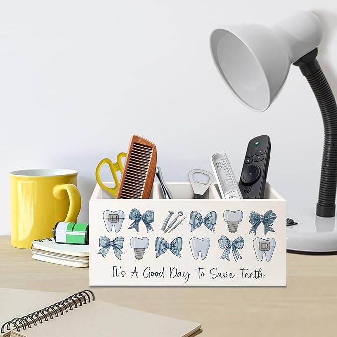 Dental Gifts Pen Pencil Holder for Desk, Dental Hygienist Gifts, Coquette Blue Bow Dentist Wooden Box Decorative Sign for Dentist Office Clinic Hospital Desk Tabletop Decor