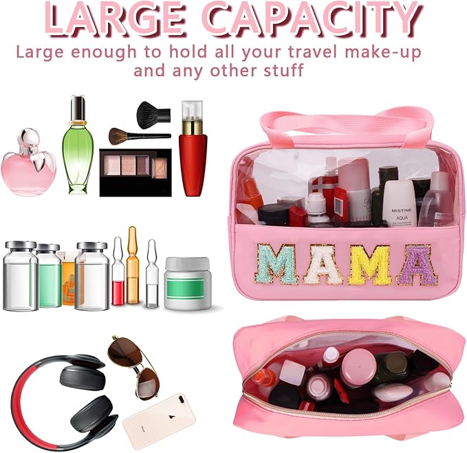 Iqimott Chenille Letter Patch Mama Bag, Preppy Clear Makeup Cosmetic Bag Large Toiletry Storage Tote Bag with Handle, Transparent Nylon Waterproof Organizer Zipper Pouch for Travel Women Girls(Pink)