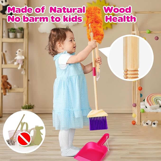Wooden Toy Cleaning Set ,8Pcs Kids Cleaning Set, Includes Broom, Dustpan, Brush, Mop, Duster, Sponge, Rag and Hanging Stand, Pretend Play Children House Cleaning Toys for Toddlers